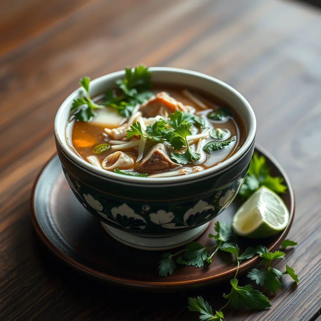 Serving a bowl of hanoi beef pho with fresh herbs and lime on the side | trình bày một bát phở bò hà nội kèm theo rau thơm và chanh. Serving bowl hanoi