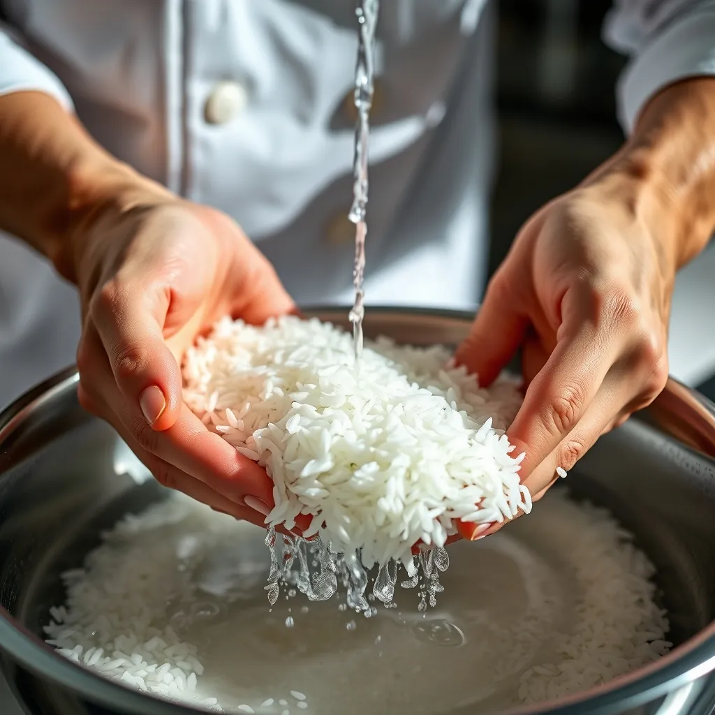 寿司飯の基本となる短粒米を丁寧に研ぐ様子