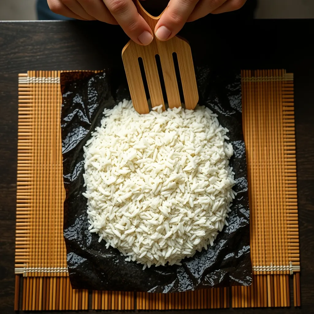 寿司飯を海苔の上に均一に広げる様子。上下に少しスペースを残し、左右は端まで広げるのがポイント