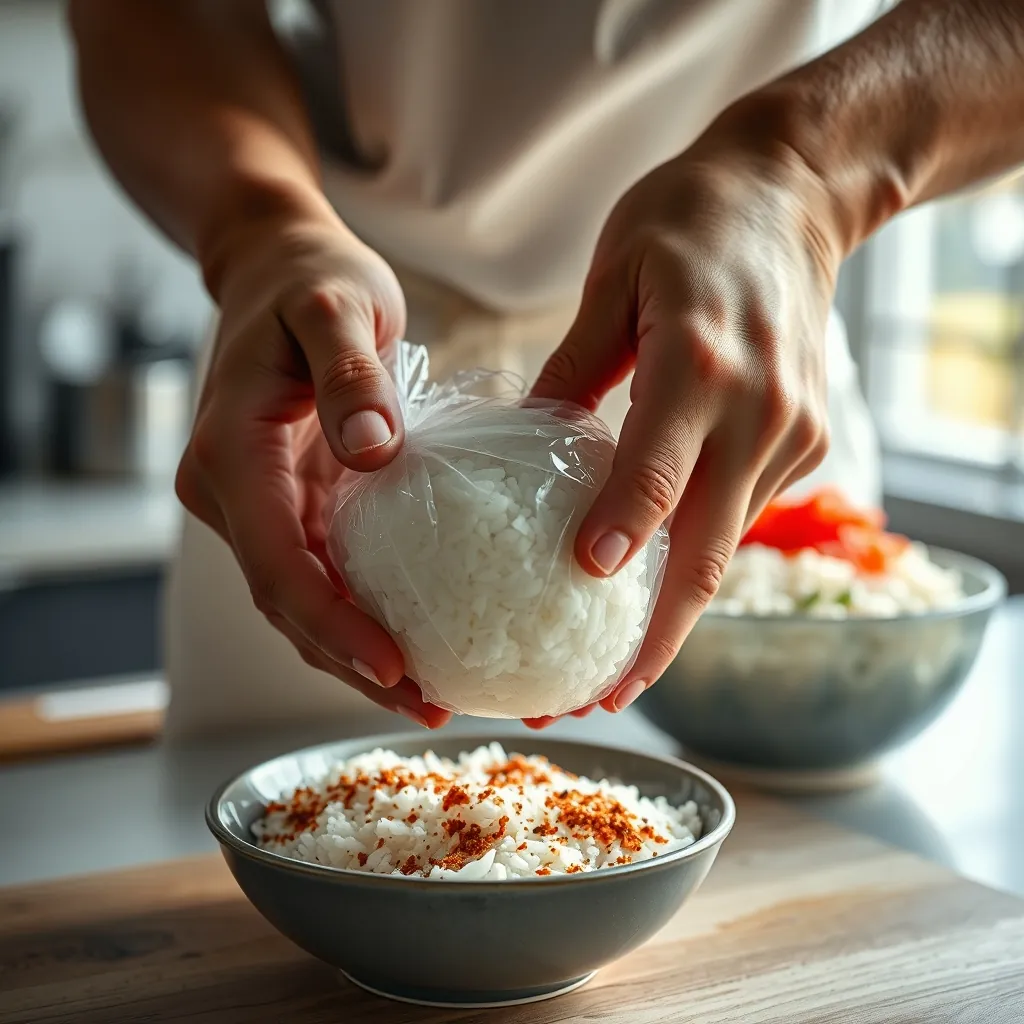 寿司飯をラップで丁寧に包む手元のクローズアップ。空気をしっかりと抜いて密閉するのが、美味しさを保つ秘訣