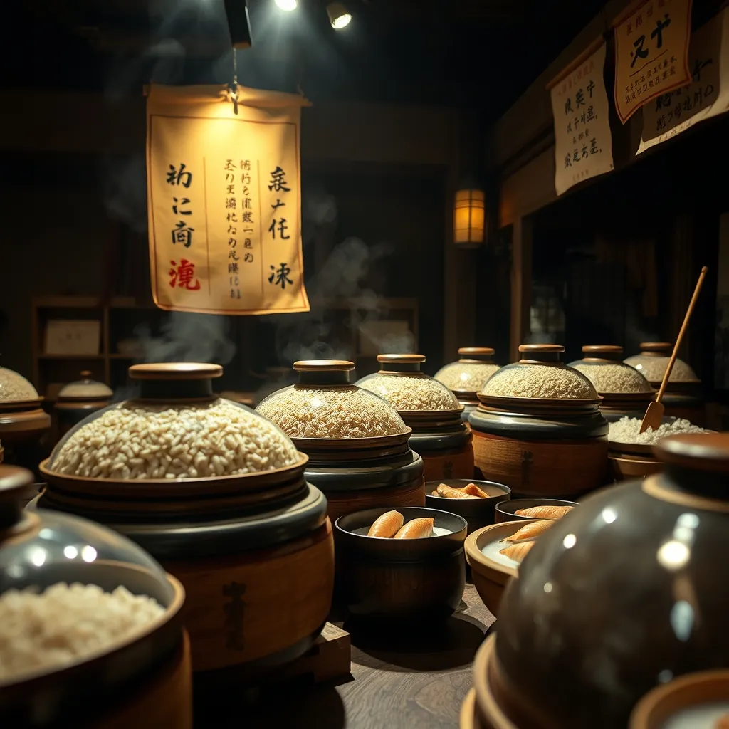 寿司の歴史を物語る発酵桶と江戸時代の屋台の再現 寿司の歴史を物語る発酵桶と江戸時代の屋台の再現