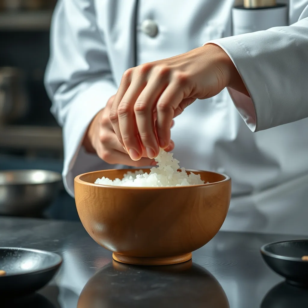 寿司職人が木製のボウルで酢飯の状態を確かめながら調整する手元のクローズアップ 寿司職人が木製のボウルで酢飯の状態を確かめながら調整する手元のクローズアップ
