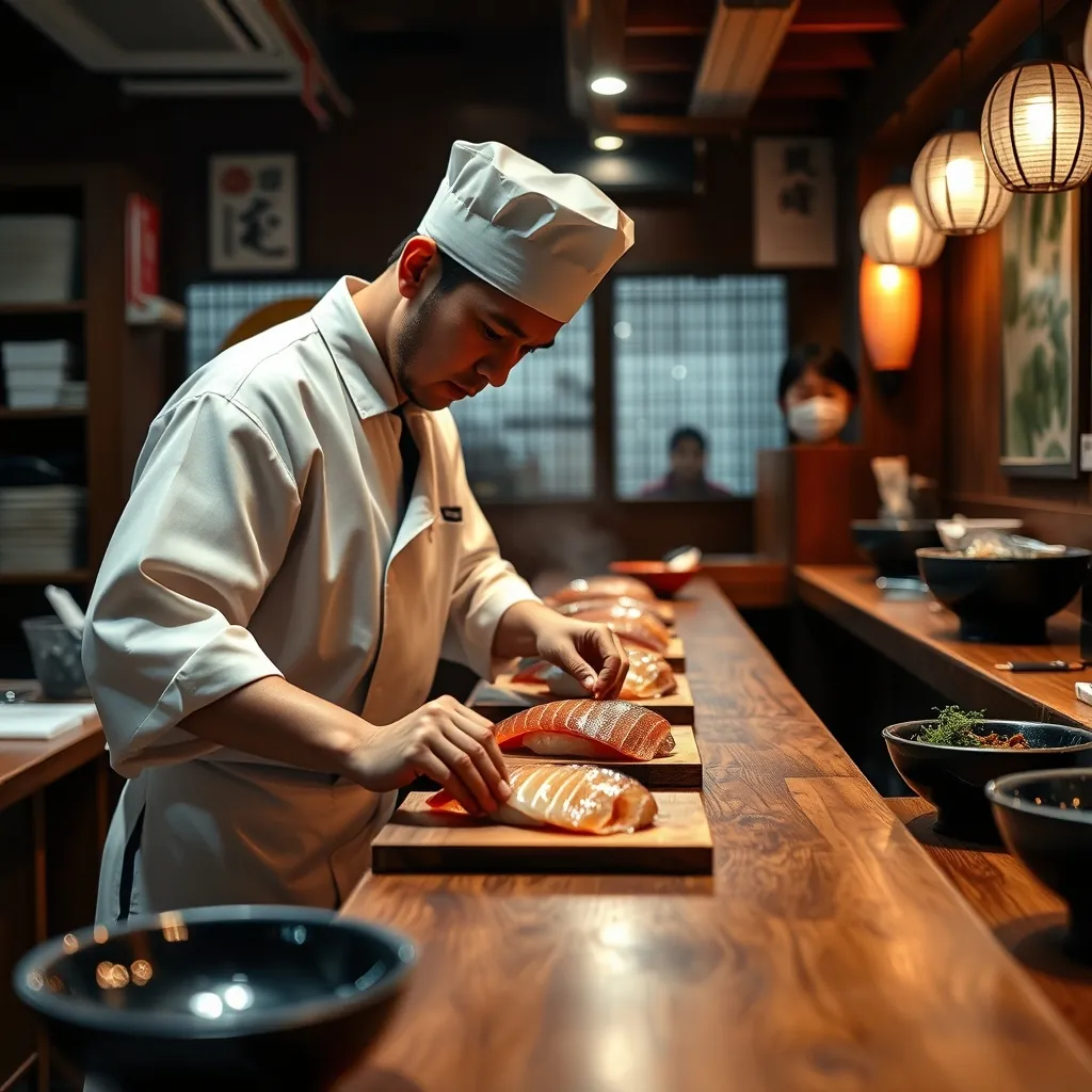 寿司職人が握り寿司を丁寧に作る伝統的な日本の風景 寿司職人が握り寿司を丁寧に作る伝統的な日本の風景