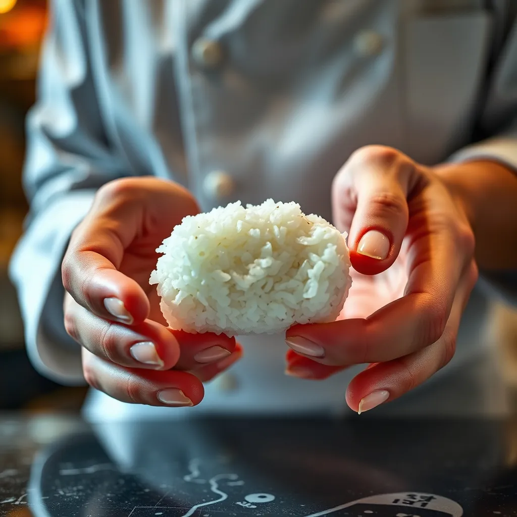 寿司職人の手のひらに理想的な食感に仕上がった酢飯をのせているイメージ 寿司職人の手のひらに理想的な食感に仕上がった酢飯をのせているイメージ