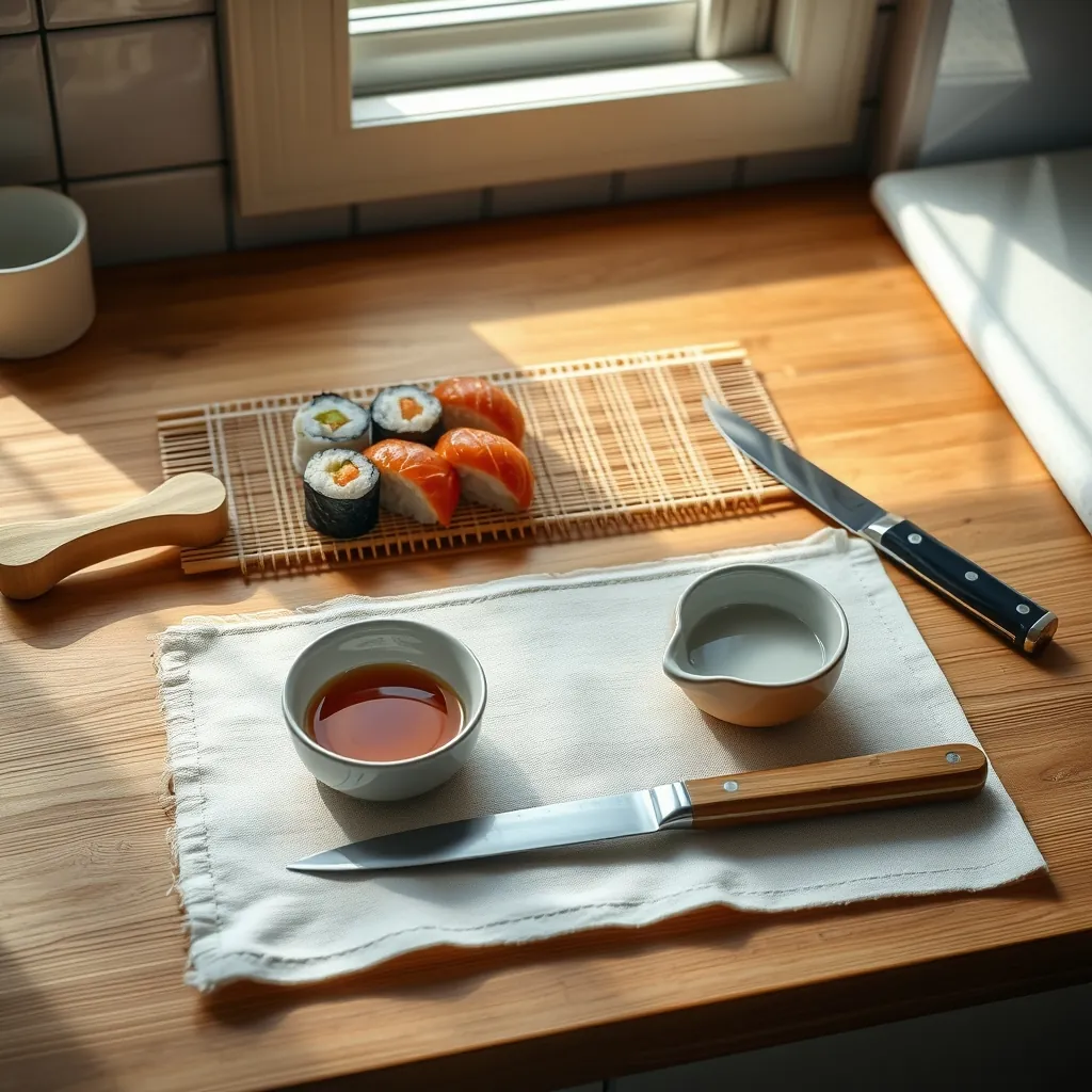 寿司作りに必要な道具を揃えた木製カウンターのフラットレイ 寿司作りに必要な道具を揃えた木製カウンターのフラットレイ