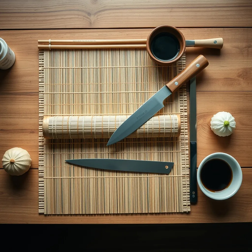 寿司作りに必要な道具と材料を一覧にしたフラットレイ