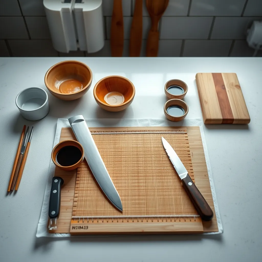寿司作りの道具を整えた調理台