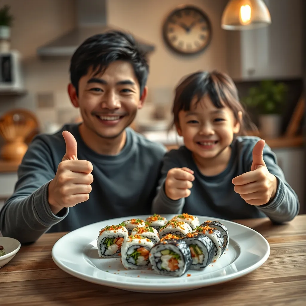 手作りのお寿司をお皿に並べ、満足そうに笑顔を見せる親子。達成感に満ちた、温かい時間が流れる
