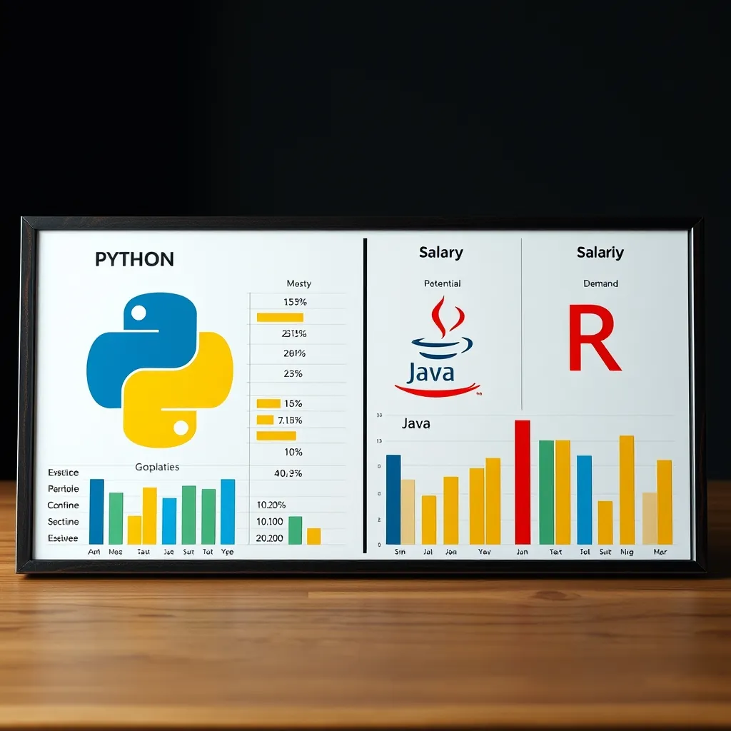 Side-by-side comparison chart of Python, JavaScript, Java, and R programming languages, showing metrics for ease of learning, salary potential, and job demand with visual bar graphs Sidebyside comparison chart