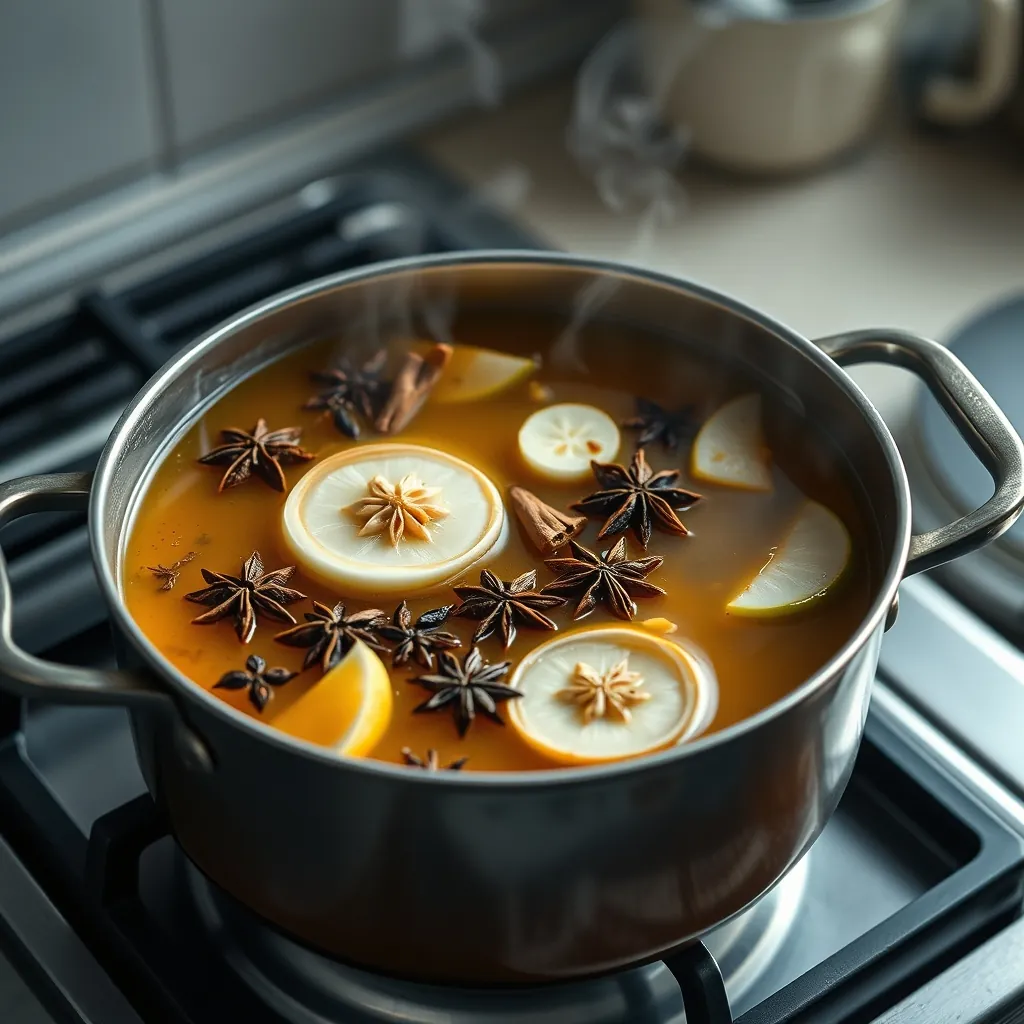 Simmering pot of pho broth on a stovetop with charred onion halves and ginger slices floating among star anise, cinnamon sticks, and whole cloves, steam rising from the golden liquid Simmering pot pho