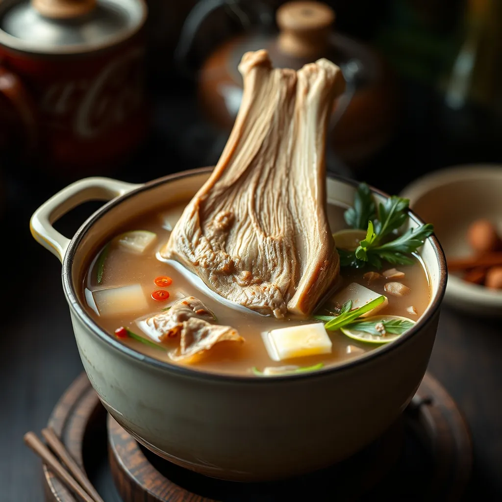 Simmering pot of pho broth with spices and beef bones | một nồi phở đang sôi với gia vị và xương bò. Simmering pot pho