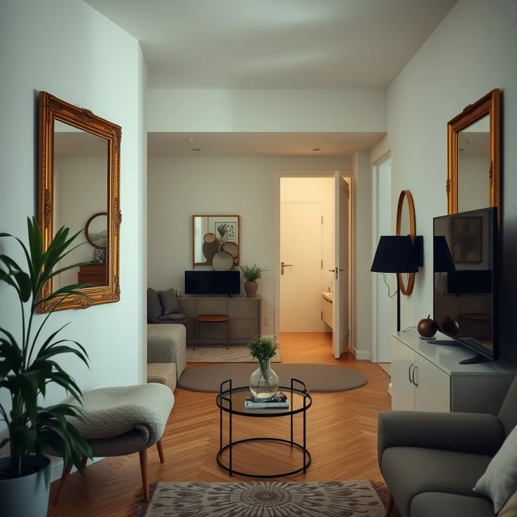 Small apartment featuring mirrors that enhance the sense of space Small apartment featuring