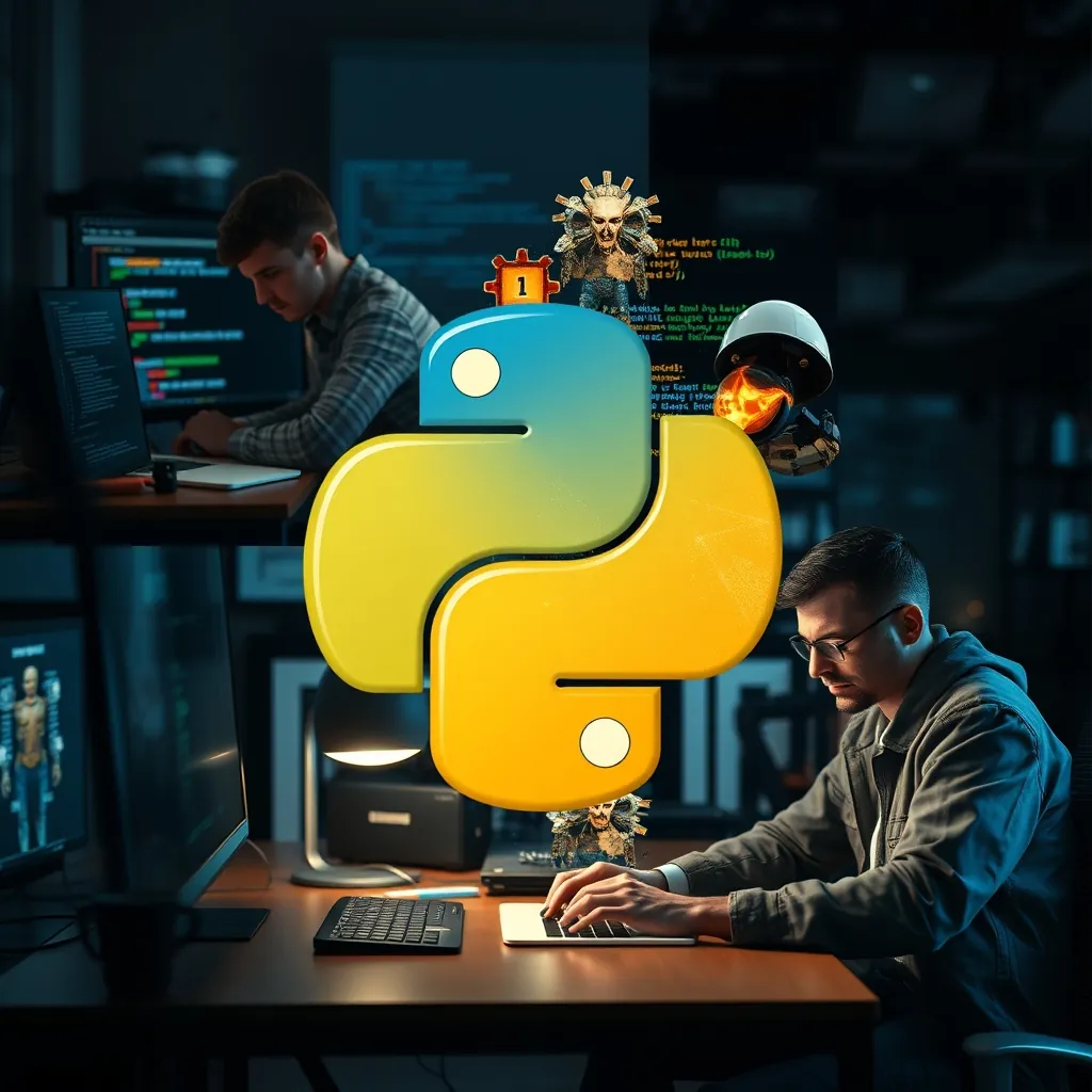 Collage style image showing Python being used in different scenarios: a web developer building a site with Django, a game developer creating a 2D game with Pygame, and an engineer automating a smart home system Smart home system
