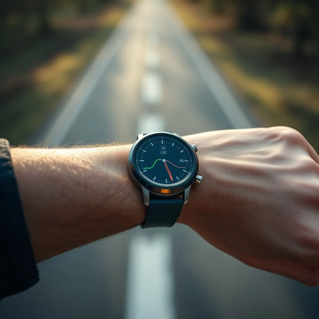 Smartwatch trên cổ tay khi chạy bộ ngoài trời với màn hình theo dõi GPS Smartwatch trên cổ tay khi chạy bộ ngoài trời với màn hình theo dõi GPS