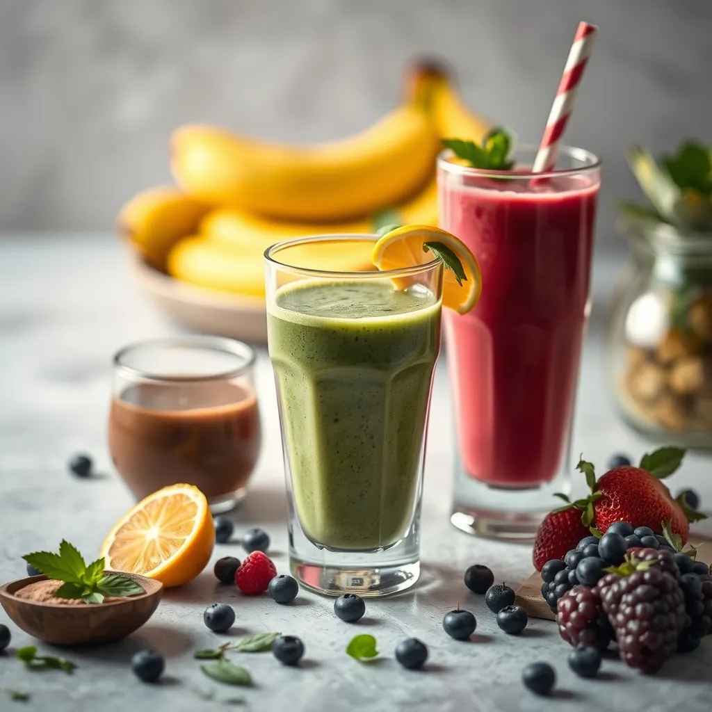 Detailed close-up of a smoothie glass filled with vibrant fruits and greens, highlighting their health benefits.