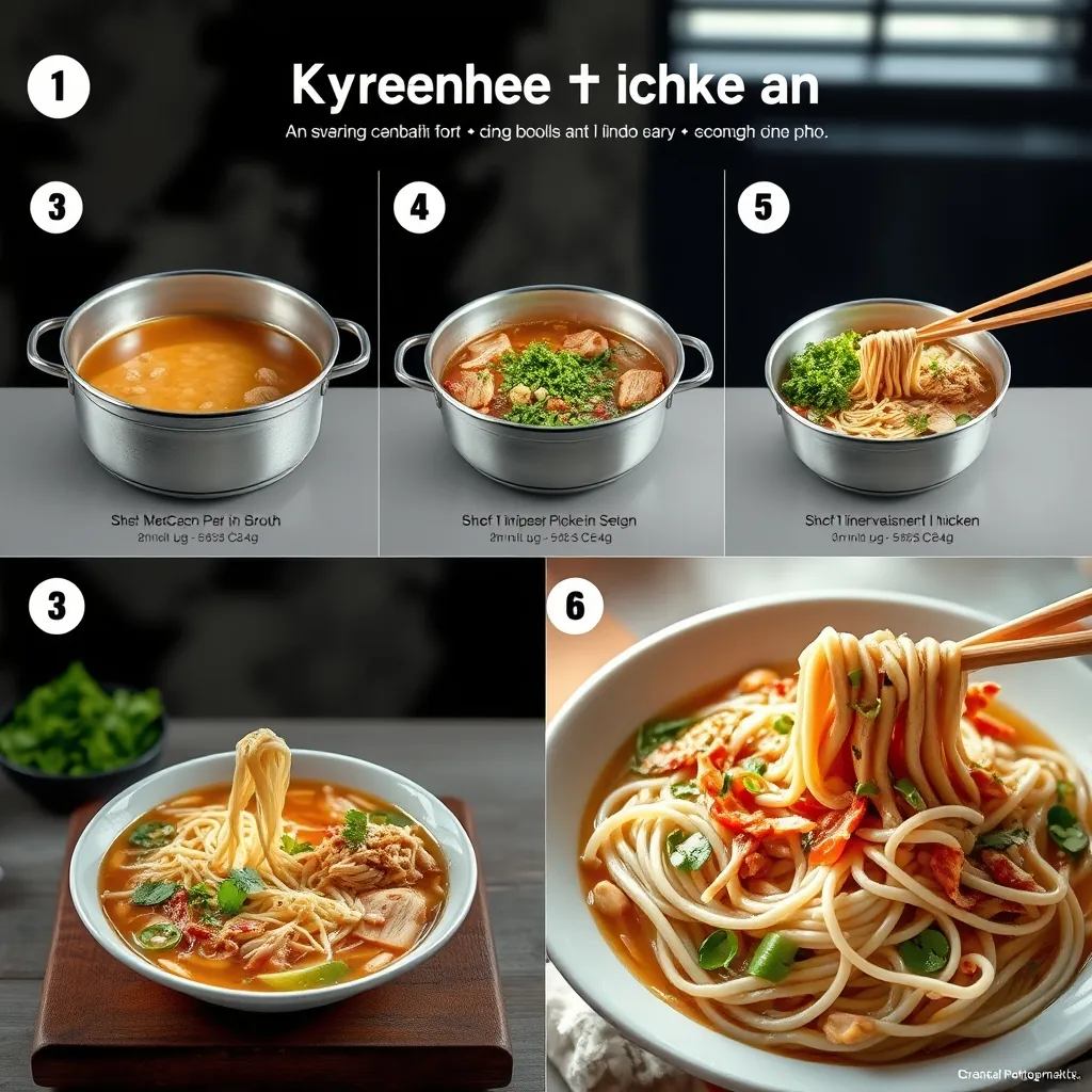 Sơ đồ hướng dẫn nấu phở gà qua các bước từ ninh nước dùng đến hoàn thiện bát phở với thịt gà xé và rau thơm