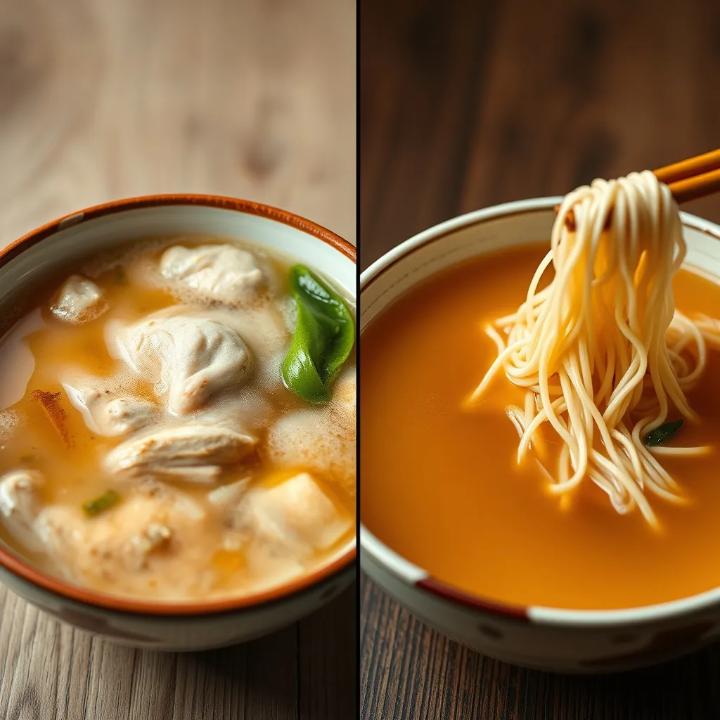 So sánh hai bát phở gà, một bên nước dùng đục ngầu do ninh xương sai cách, một bên nước dùng trong veo đạt chuẩn