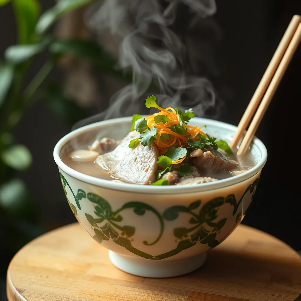 Steaming bowl of hanoi pho with clear broth, tender beef slices, and fresh herbs on top | một bát phở hà nội nghi ngút khói với nước dùng trong, lát bò mềm và rau thơm tươi ngon trên cùng. Steaming bowl hanoi