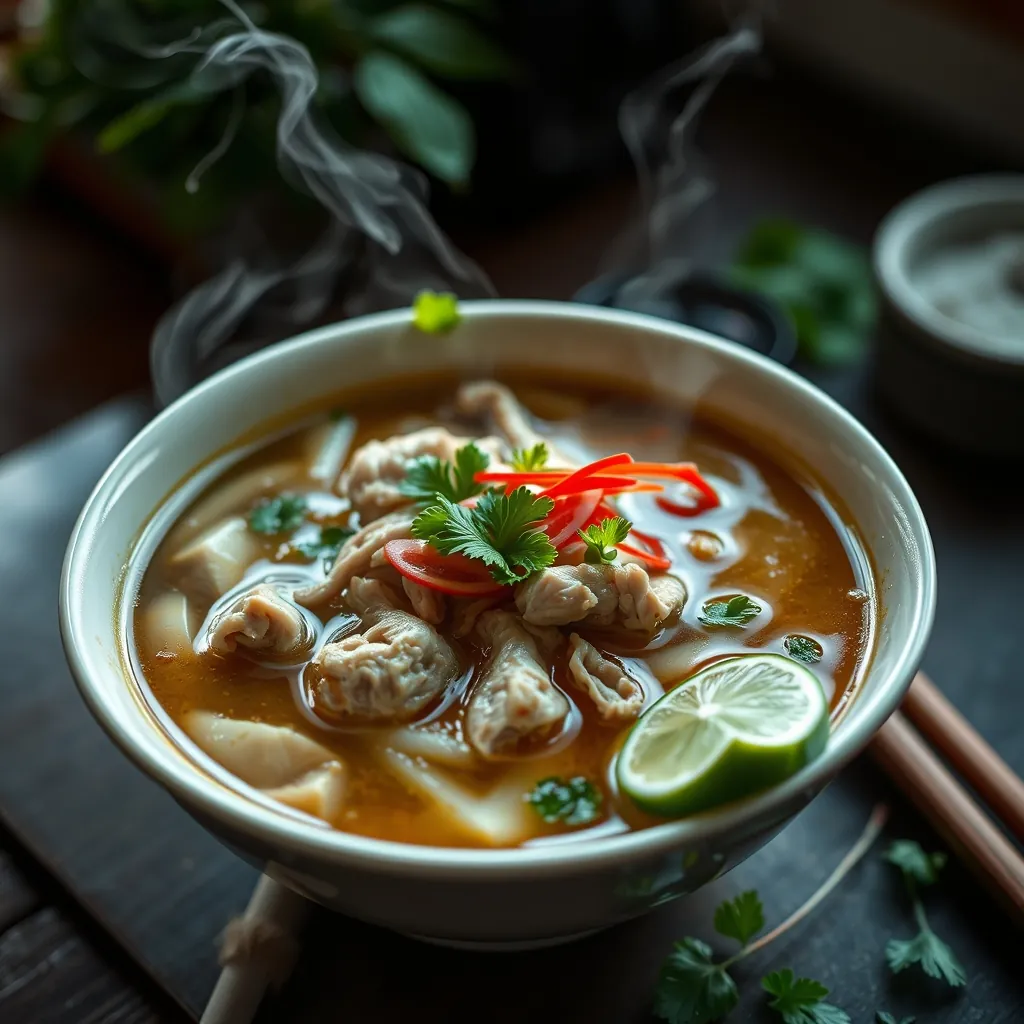 Steaming bowl of hanoi chicken pho with fresh herbs and lime on the side | bát phở gà hà nội nghi ngút khói kèm theo rau sống và chanh bên cạnh Steaming bowl hanoi