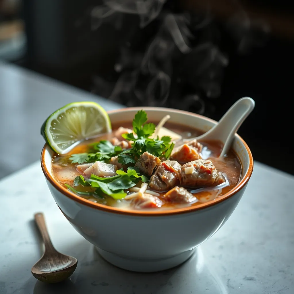 Một bát phở bò Nam Định nóng hổi với rau sống và chanh Steaming bowl nam