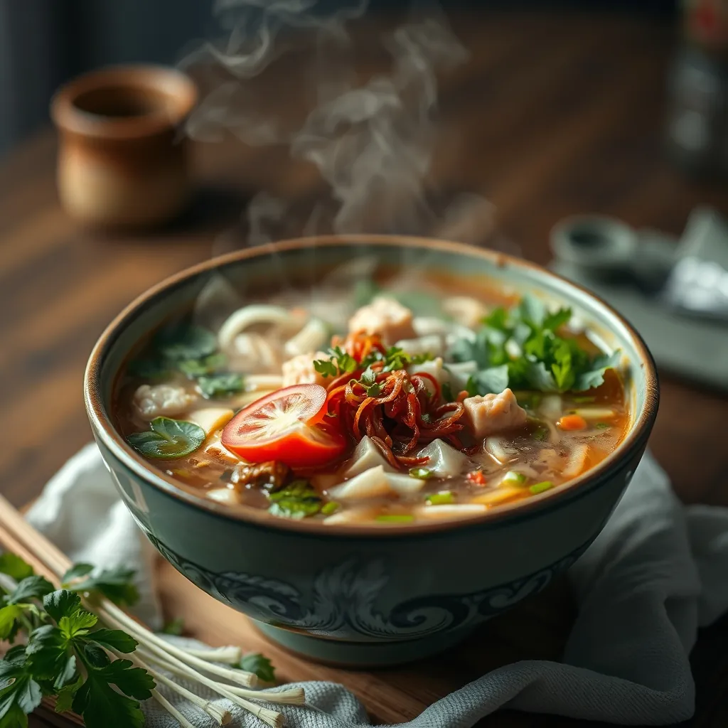 A steaming bowl of pho with various herbs and toppings Steaming bowl pho