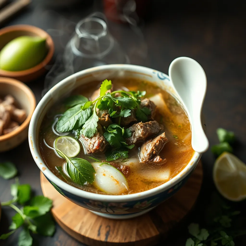 Steaming bowl of traditional hanoi beef pho, garnished with fresh herbs and lime | một bát phở bò hà nội nóng hổi, trang trí với rau thơm và chanh tươi. Steaming bowl traditional