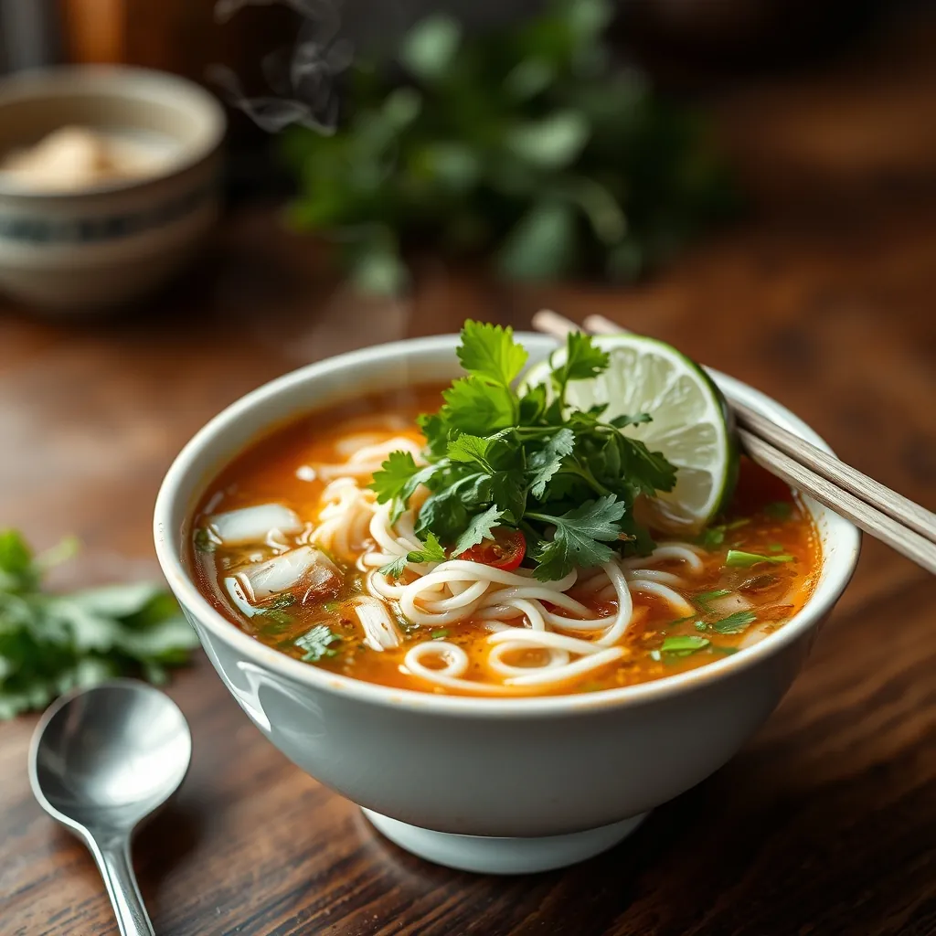 A steaming bowl of traditional Vietnamese pho topped with fresh herbs and lime, showcasing the rich broth and rice noodles Steaming bowl traditional