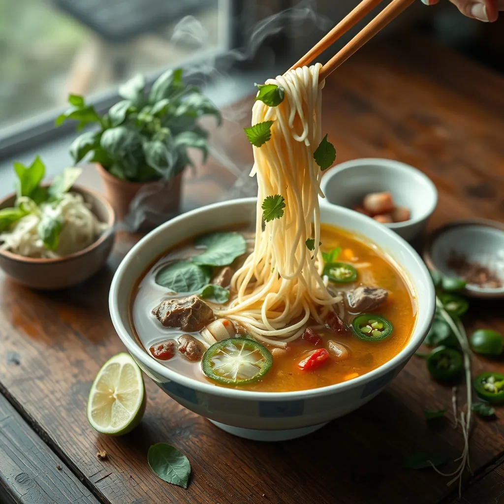 Steaming bowl of Vietnamese beef pho noodle soup on a rustic wooden table, garnished with fresh basil, bean sprouts, lime wedges, and sliced jalapeños, chopsticks lifting noodles from rich golden broth Steaming bowl vietnamese