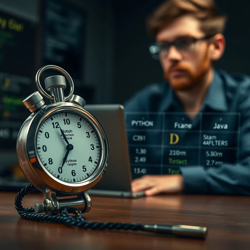 Stopwatch and a comparison chart showing execution speed between Python and compiled languages like C++ and Java, with a developer looking thoughtful in the background Stopwatch comparison chart