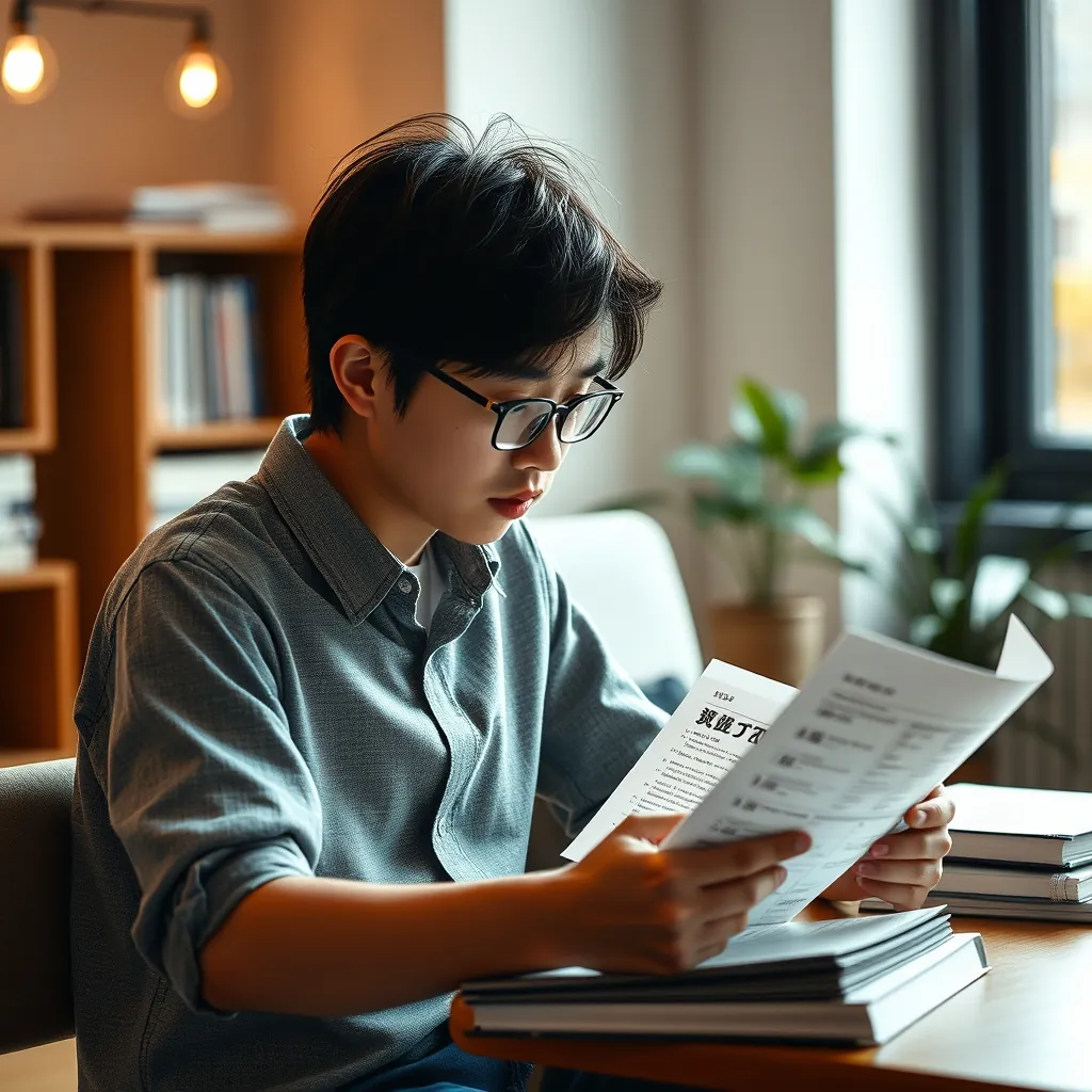 日本語テストの学習資料を見直す学生 Student reviewing study