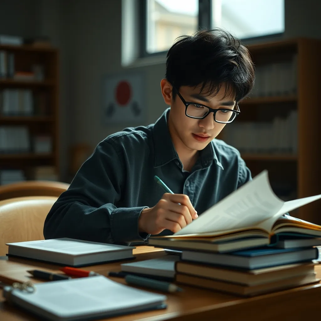 日本語テストのために勉強している学生の様子 Student studying japanese