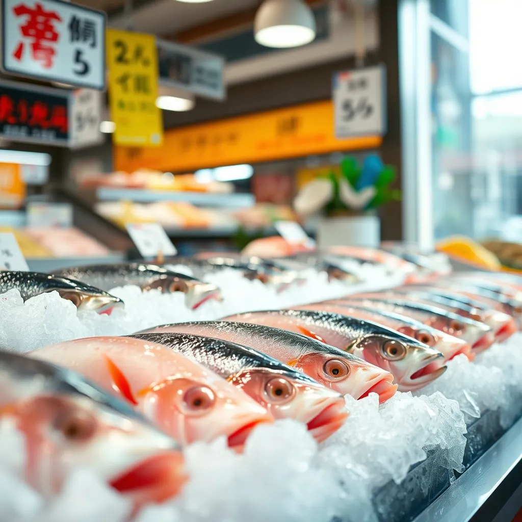 スーパーの鮮魚コーナーに氷詰めで並ぶ新鮮な寿司ネタ用の魚介類 スーパーの鮮魚コーナーに氷詰めで並ぶ新鮮な寿司ネタ用の魚介類