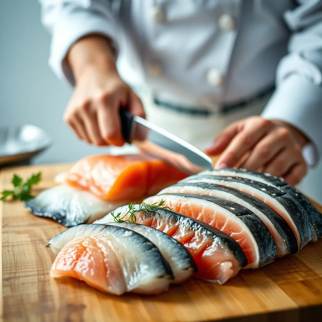 スーパーで買った刺身用の魚をプロの包丁さばきで仕上げる様子 スーパーで買った刺身用の魚をプロの包丁さばきで仕上げる様子