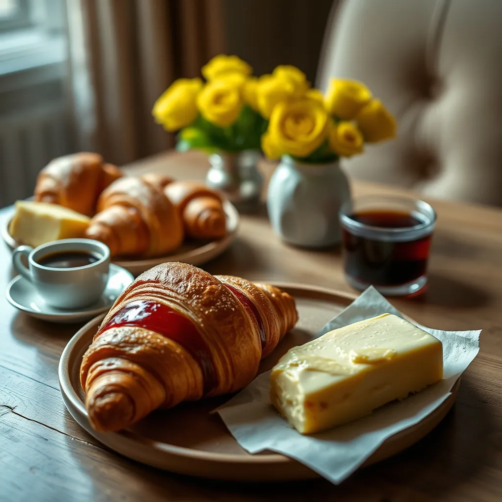 Une table dressée avec des croissants, du beurre, de la confiture et du café