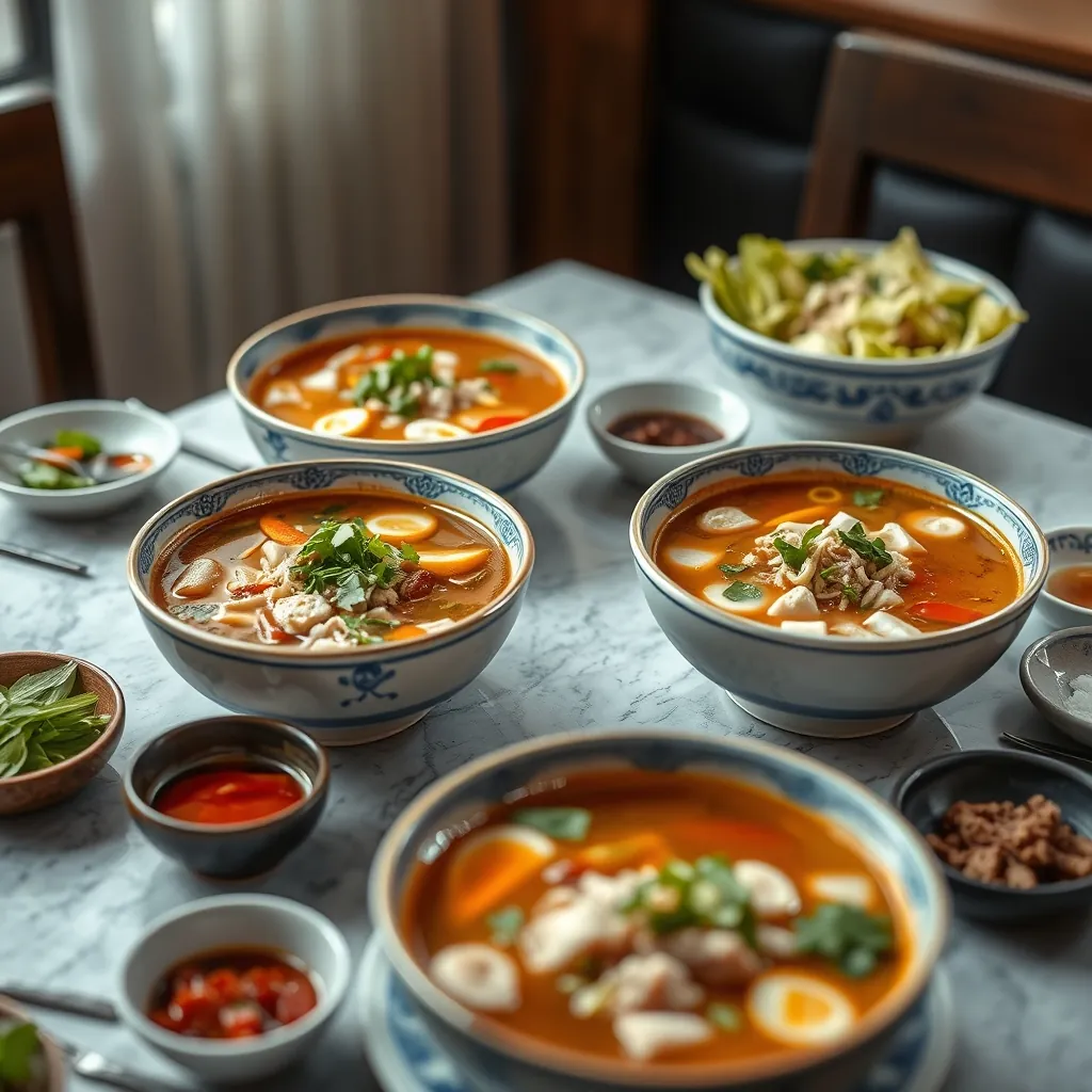A table set with bowls of pho, garnishes, and side dishes Table set bowls