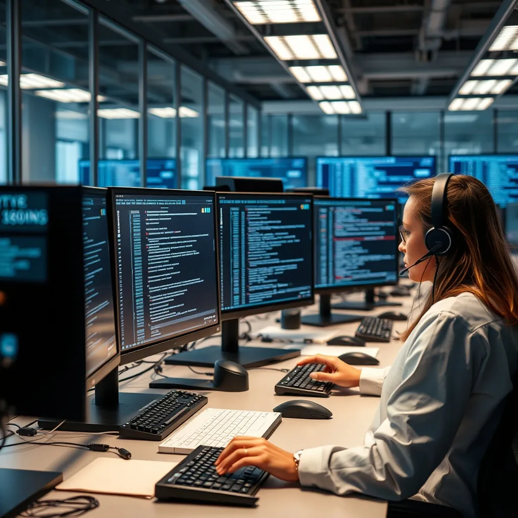 Đội ngũ kỹ thuật đang kiểm tra log lỗi máy chủ trên nhiều màn hình Technical support team