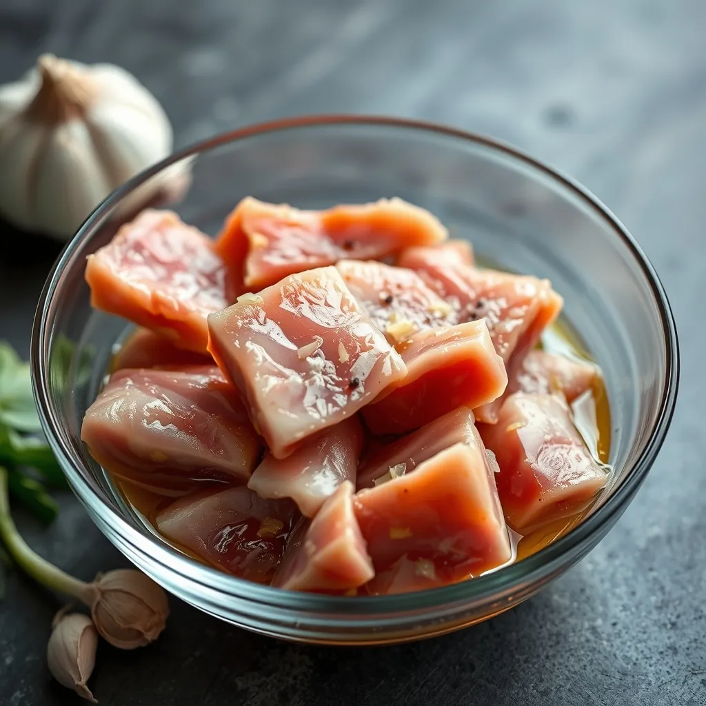 Thịt ba chỉ đang được tẩm ướp với đầy đủ gia vị hành, tỏi, sả và mật ong, lớp sốt bóng mượt bao phủ từng miếng thịt