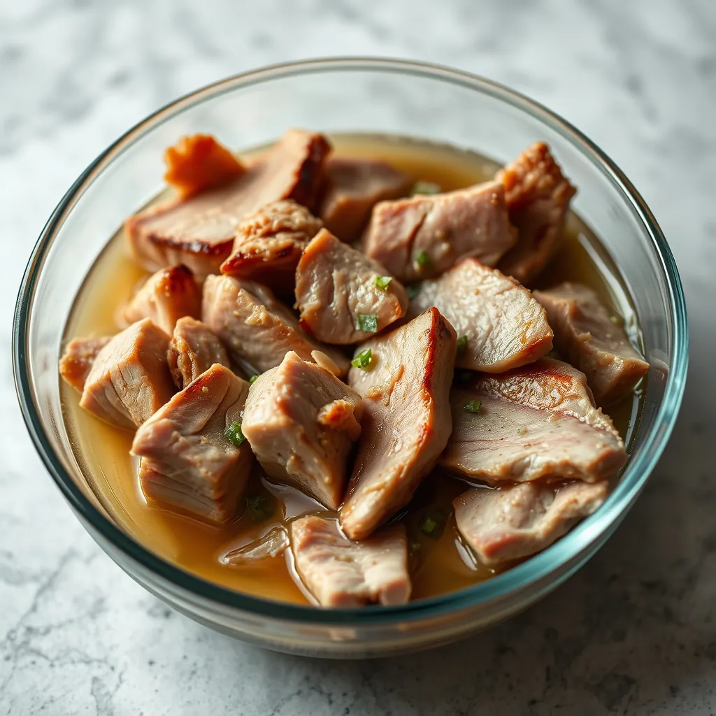 Thịt vai thái mỏng đang được ướp gia vị đậm đà cho món bún chả Hà Nội Thịt vai thái mỏng đang được ướp gia vị đậm đà cho món bún chả Hà Nội
