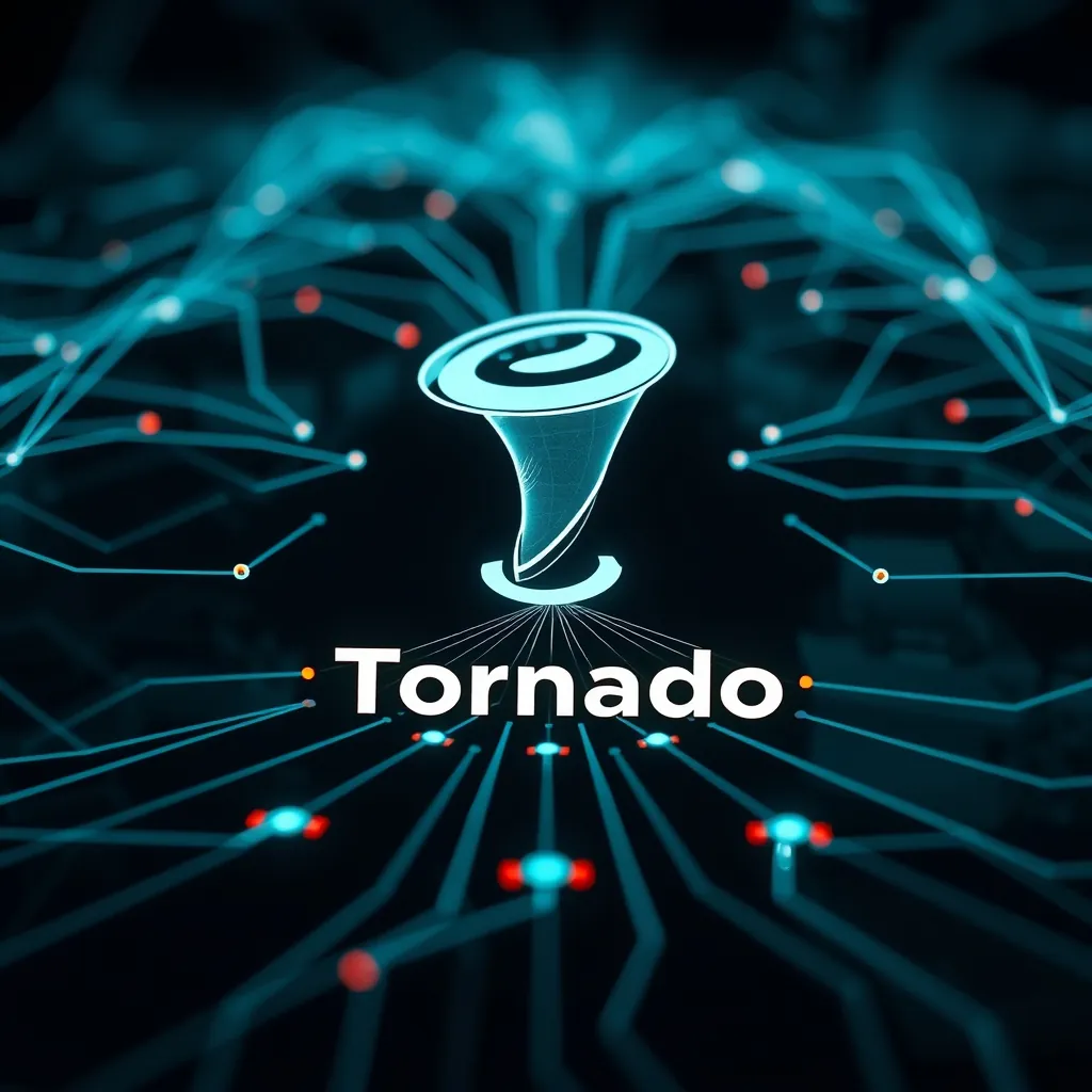 Tornado logo with a network diagram showing websocket connections and real-time data streams between servers and clients Tornado logo network