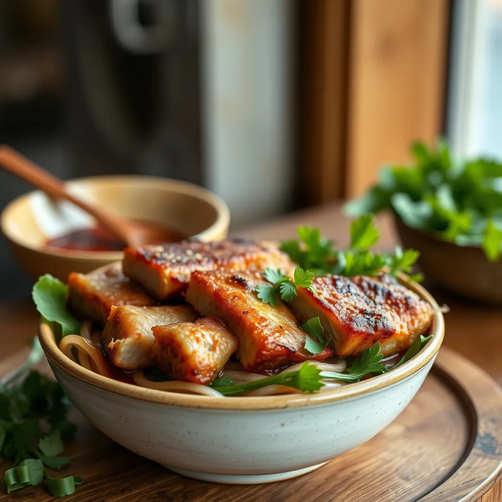 Món bún chả truyền thống của Việt Nam được phục vụ với thịt nướng và rau sống Traditional vietnamese dish