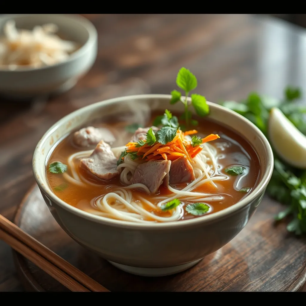 Traditional Vietnamese pho noodle soup served in a large ceramic bowl, clear amber broth with flat rice noodles, thin slices of beef, and fresh herbs on top, steam rising from the surface Traditional vietnamese pho