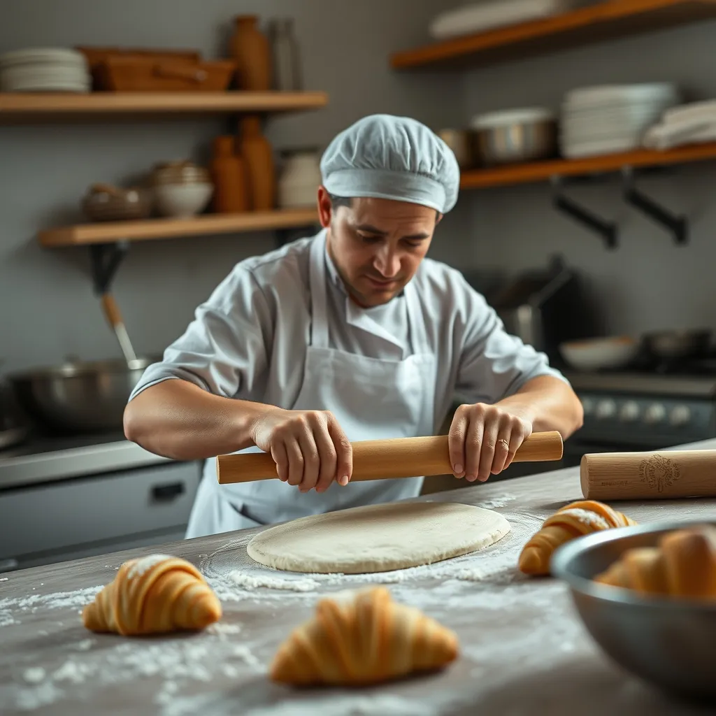 Une personne en train d'étaler la pâte pour des croissants dans une cuisine