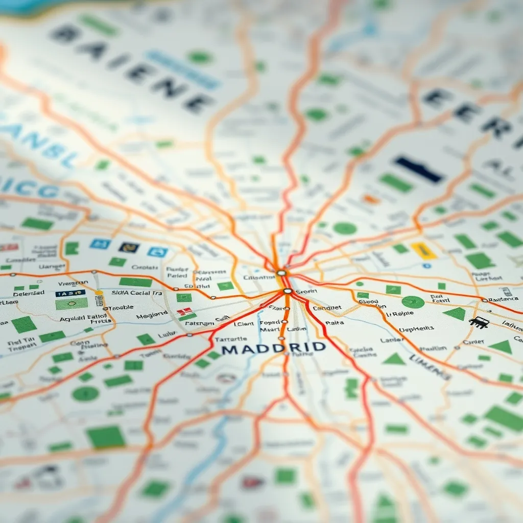 Un mapa de Madrid destacando las rutas de transporte clave