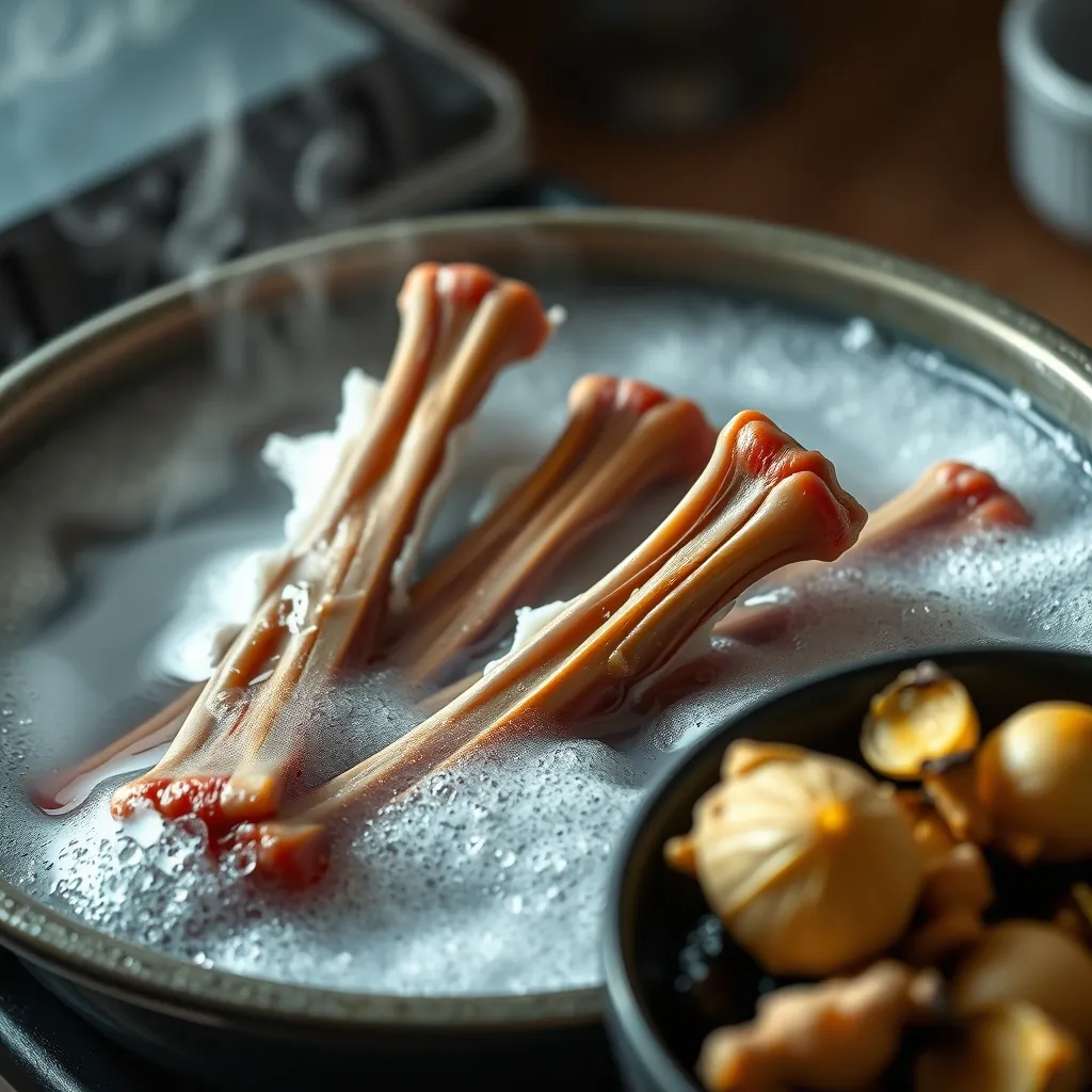 Sơ chế xương bò bằng cách chần qua nước sôi để loại bỏ bọt và tạp chất, cùng gừng và hành tím đang nướng trên than hoa Sơ chế xương bò bằng cách chần qua nước sôi để loại bỏ bọt và tạp chất, cùng gừng và hành tím đang nướng trên than hoa