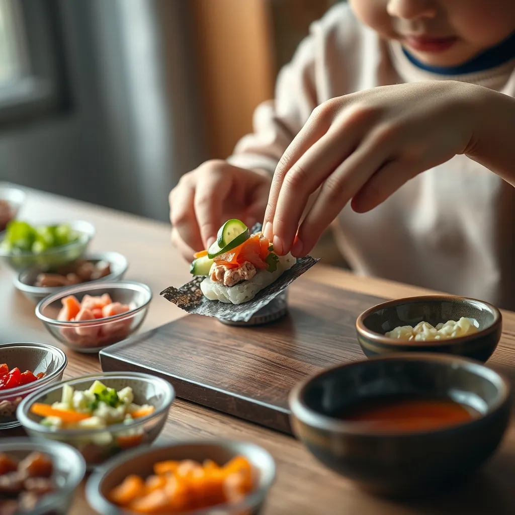 ツナマヨとキュウリを海苔にのせて、手巻き寿司を作る子供の手元。カラフルな具材が並び、ワクワクする気持ちが伝わってくる