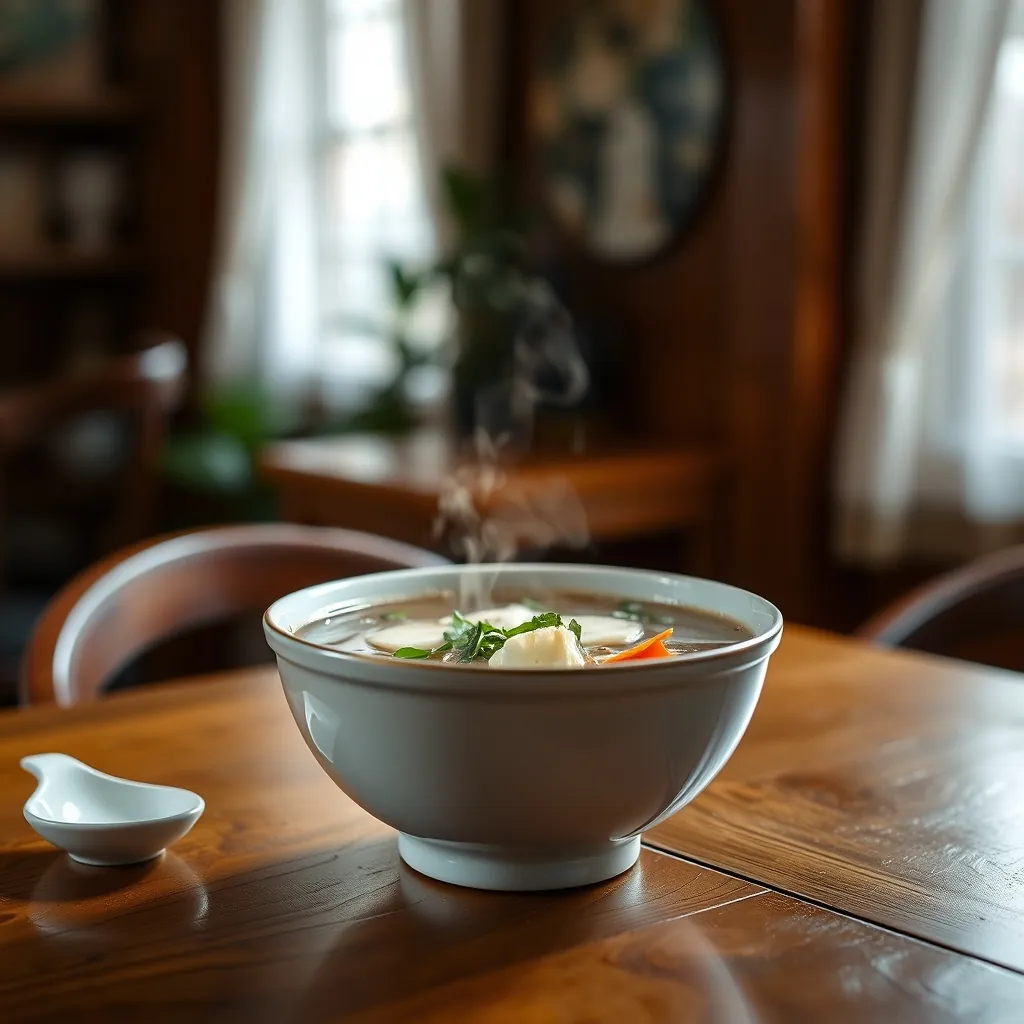 Un tazón de sopa pho caliente en una mesa de madera