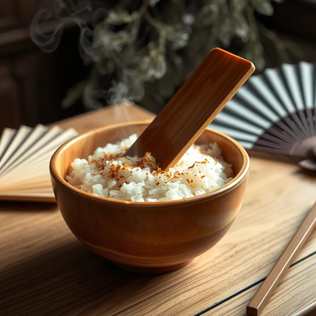 うちわで扇ぎながらすし酢を混ぜる酢飯作りの様子