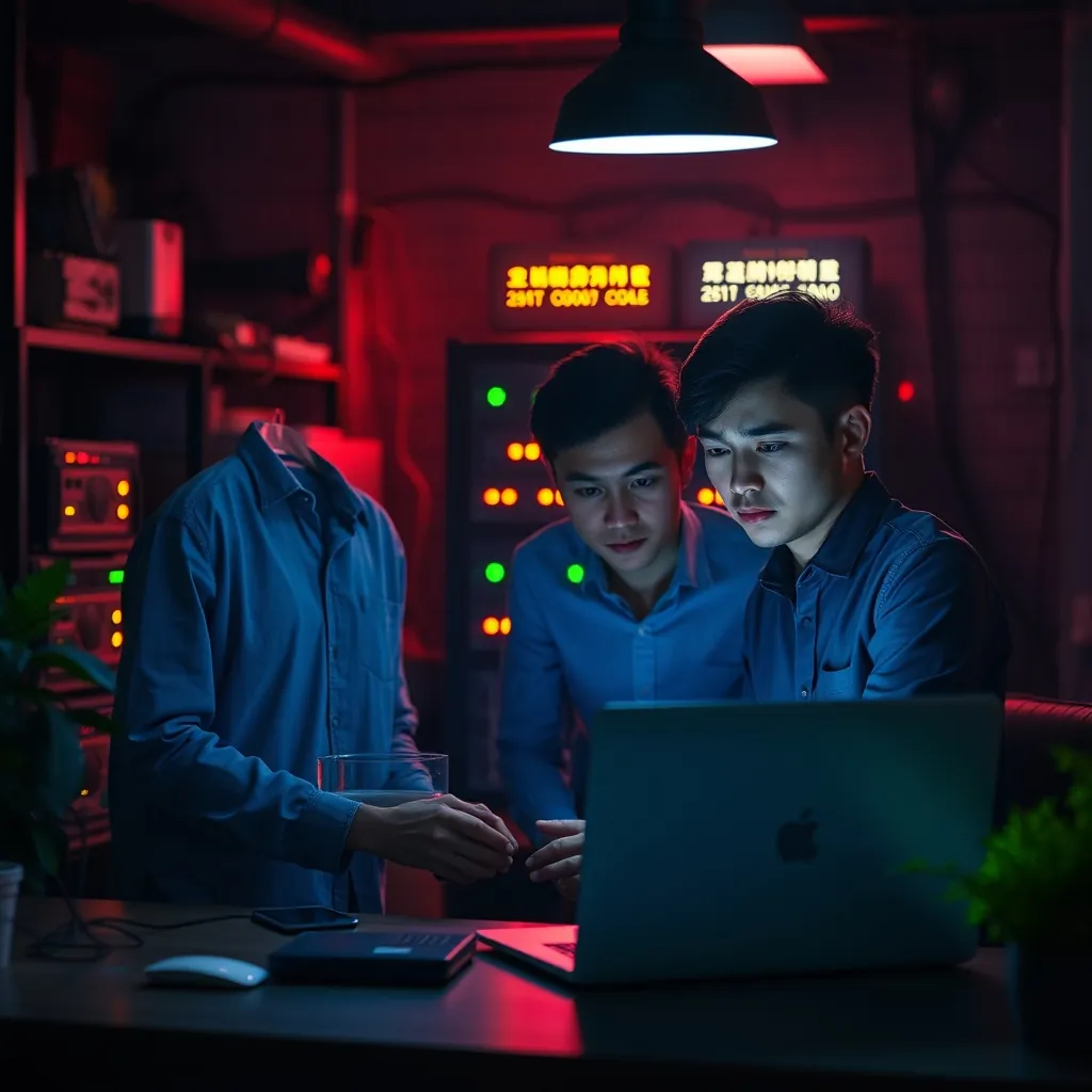 Văn phòng nhỏ tại Việt Nam buổi tối, hai doanh nhân trẻ quanh laptop hiển thị bảng điều khiển AI, dải đèn LED từ thiết bị mạng phía sau.