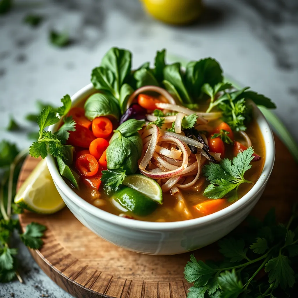 Variety of fresh herbs and garnishes for pho, including basil, cilantro, and lime | một loạt các loại rau thơm và gia vị cho phở, bao gồm húng quế, rau mùi và chanh. Variety fresh herbs