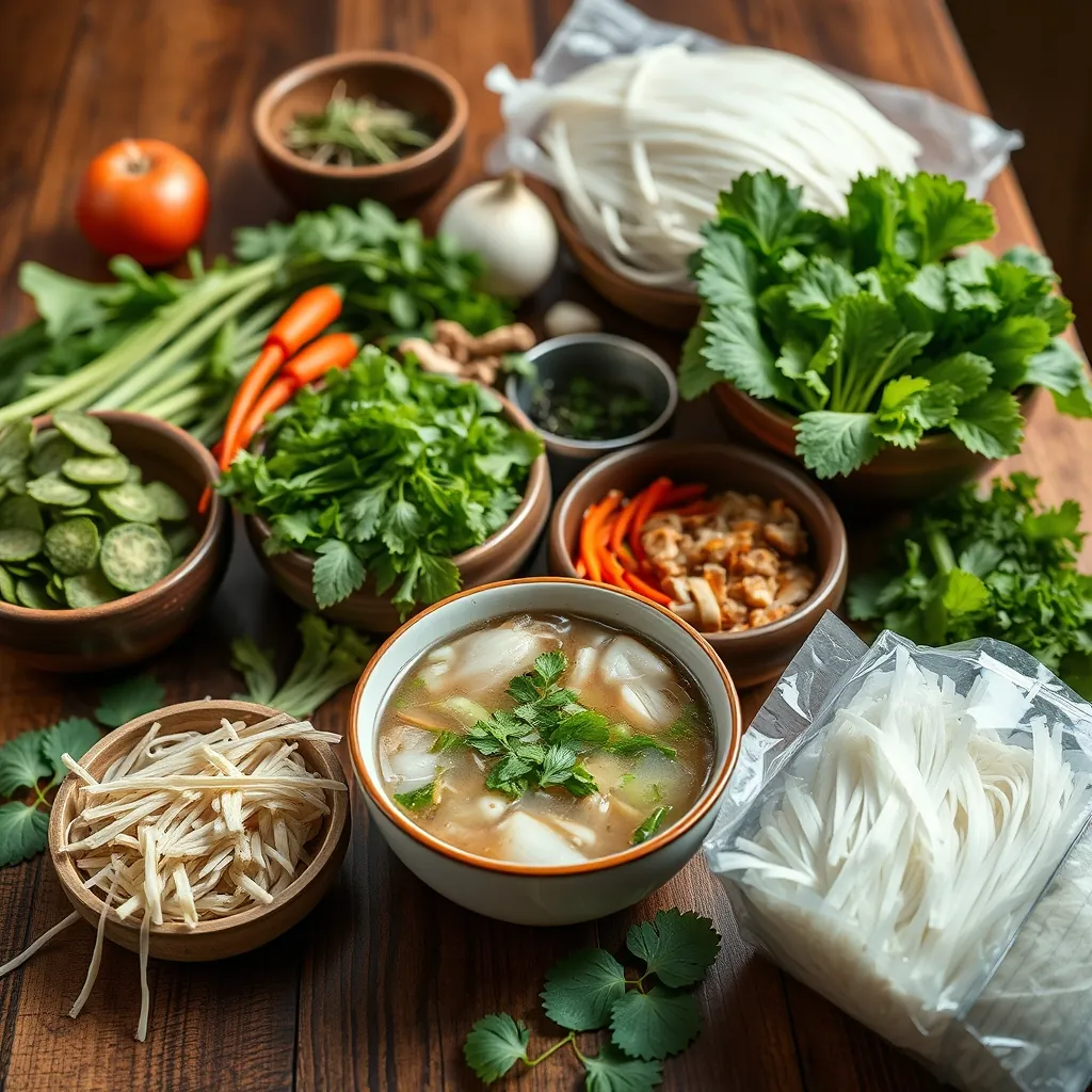 A variety of fresh ingredients for pho, including herbs, rice noodles, and broth components, arranged on a wooden table Variety fresh ingredients